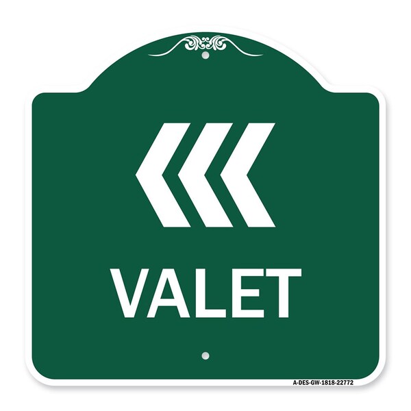 Designer Series Sign-Valet Left Arrow, Green & White Aluminum Sign, 18" x 18", GW-1818-22772